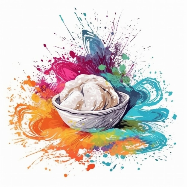 A colorful drawing of a bowl of ice cream with a colorful splash and butterfly