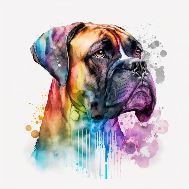 A colorful drawing of a boxer dog with a rainbow colored background.