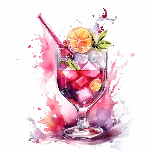 A colorful drawing of a cocktail with oranges and mint leaves.