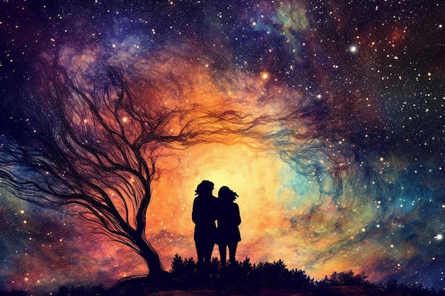 colorful drawing of a couple embracing under a stars AI generated