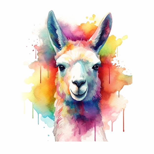 A colorful drawing of a llama with a white face and a black nose.