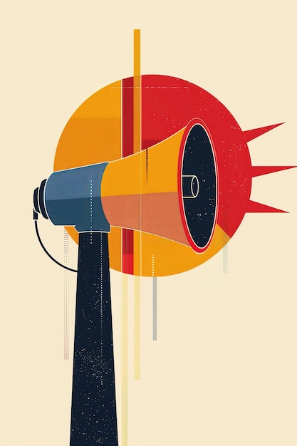 Photo a colorful drawing of a microphone with a red and yellow sun in the background