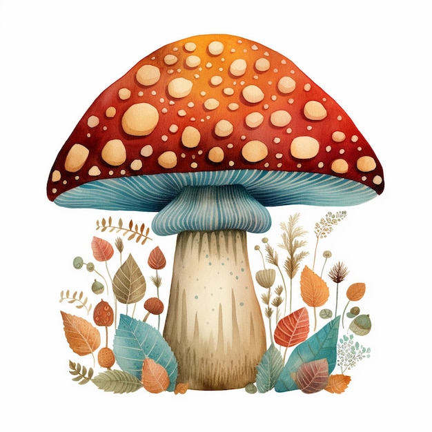 Photo a colorful drawing of a mushroom with a red mushroom on it.