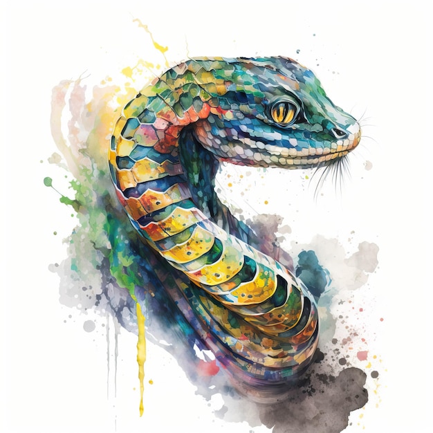 A colorful drawing of a snake with a blue eye and yellow eyes.