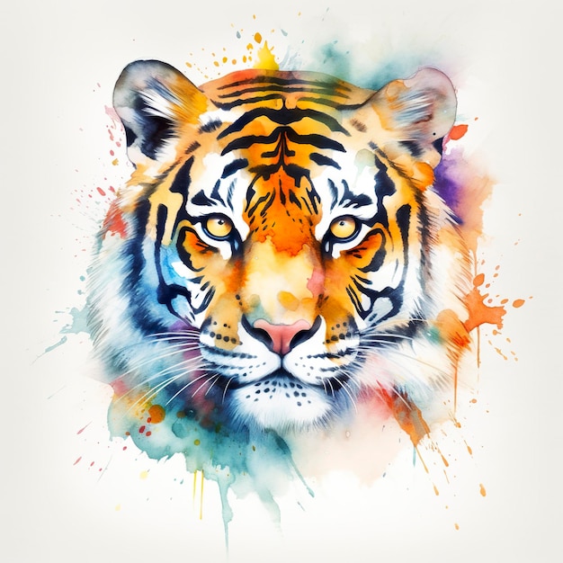 A colorful drawing of a tiger with a white tiger face.