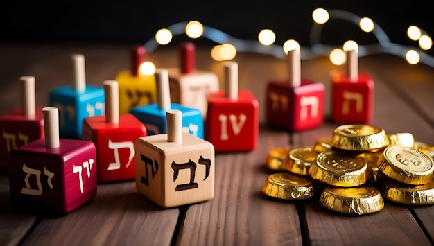 Photo colorful dreidels and gold chocolate coins are on a wooden surfacehanukkah