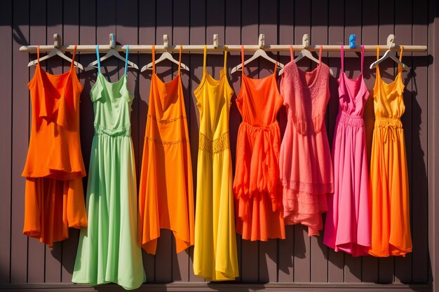 Colorful dresses hang on a wall with one that says'i love you '