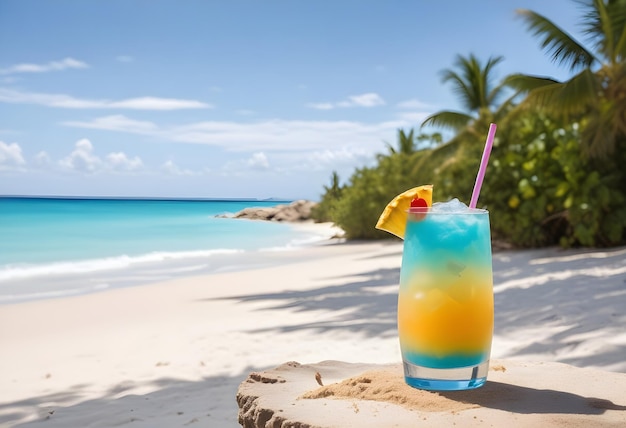 a colorful drink is on a table at the beach