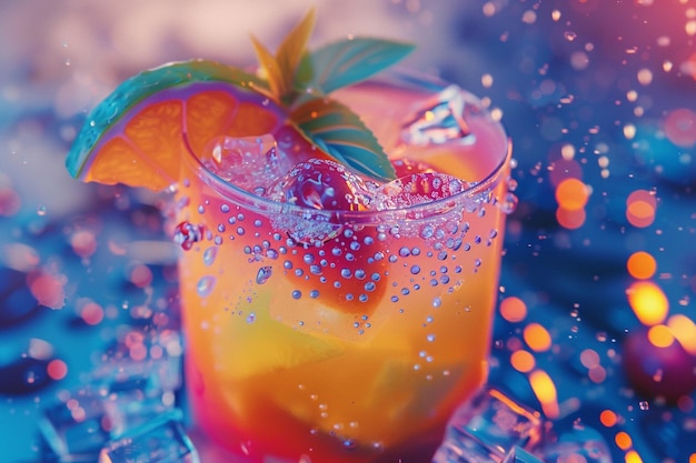 Photo a colorful drink with a fruit and ice cubes on it