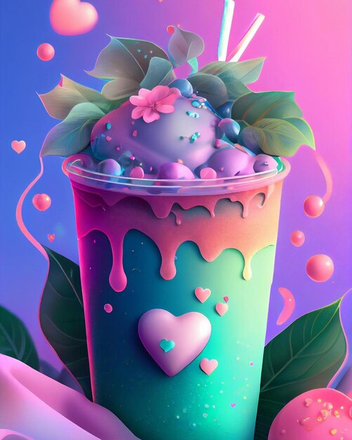 A colorful drink with a heart on the top