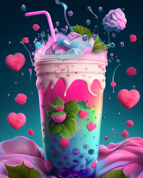 A colorful drink with pink and blue liquid and the word love on it.