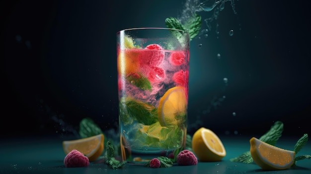 A colorful drink with raspberries and lemons on the bottom