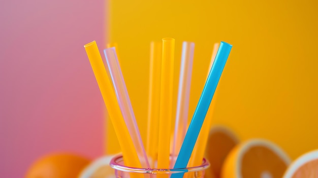 Photo colorful drinking straws in a glass against a bright pink and yellow background