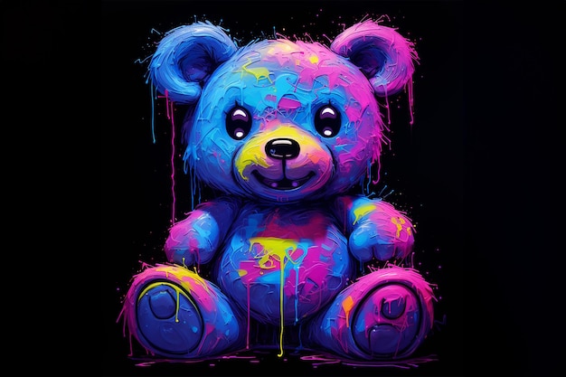 Colorful Dripping Paint Teddy Bear Sitting on a Black Background