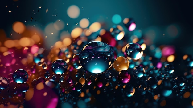 A colorful drop of water is surrounded by colorful drops.