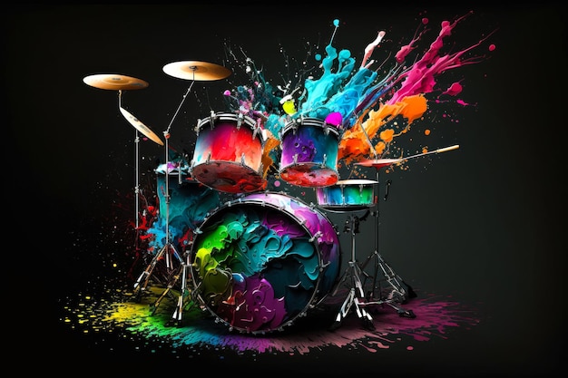 Colorful drum set with paint splattered on it Generative AI