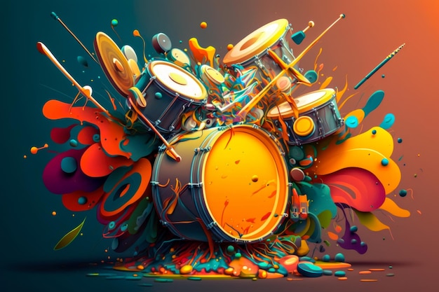 Colorful drum set with paint splattered on it Generative AI