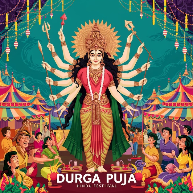 Colorful Durga Puja Celebration Divine Goddess Empowers Joyful Devotees at Vibrant Festival