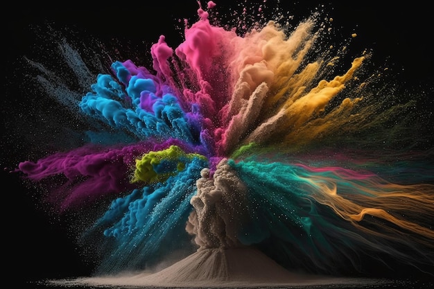 Colorful dust eruption in slow motion isolated on a black backdrop