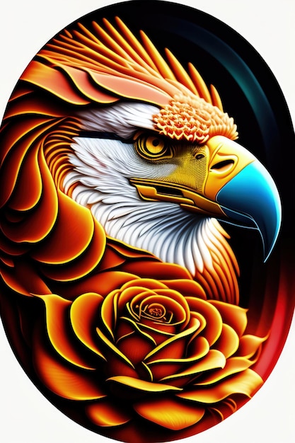 A colorful eagle with a flower on it