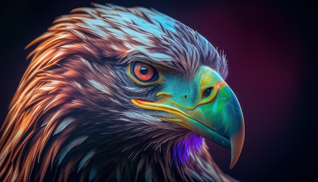 A colorful eagle with a yellow beak and a red eye.