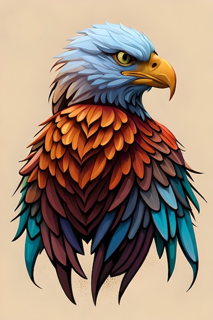 A colorful eagle with a yellow eye and a black nose.