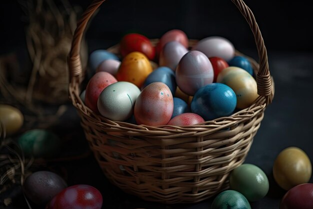 Colorful Easter basket filled with eggs Generative AI