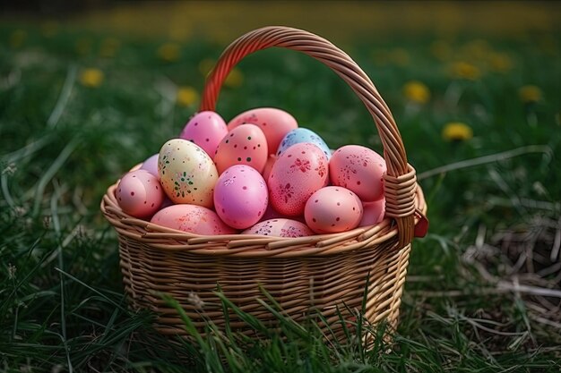 Colorful Easter basket filled with pastel eggs created with Generative AI technology