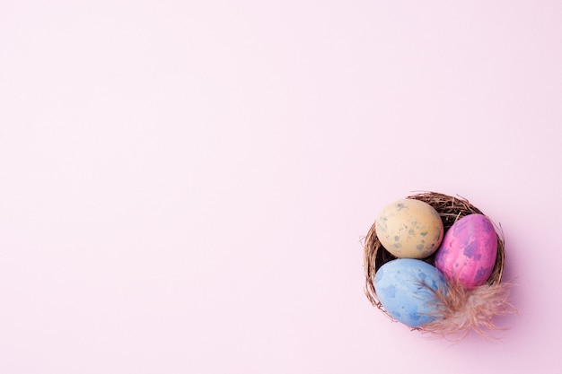 Colorful easter egg in the nest on pink background with copy space. Easter background. Minimalism