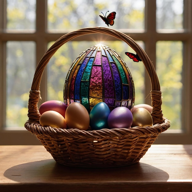 a colorful easter egg sits in a basket with a butterfly on it