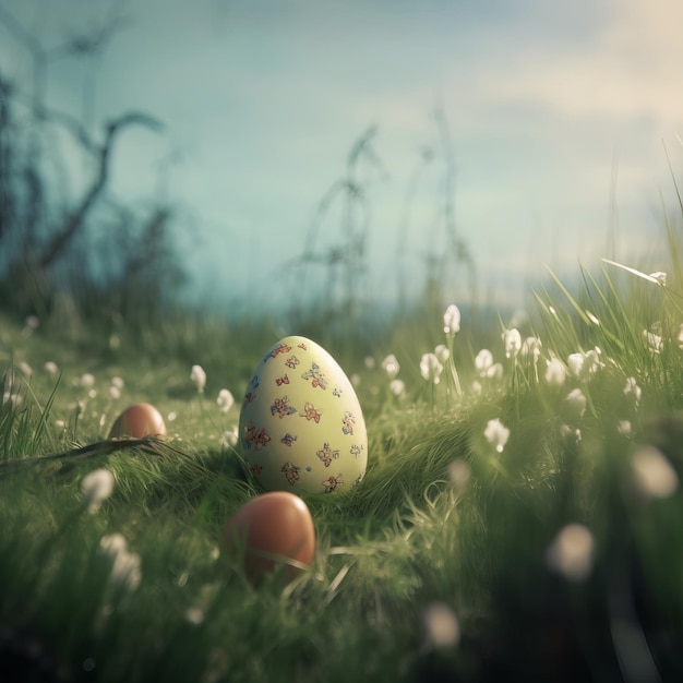 A colorful easter egg sits in a field of flowers.