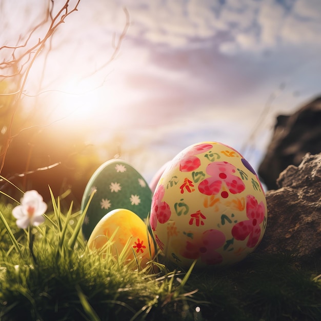 A colorful easter egg sits in the grass with the sun behind it.