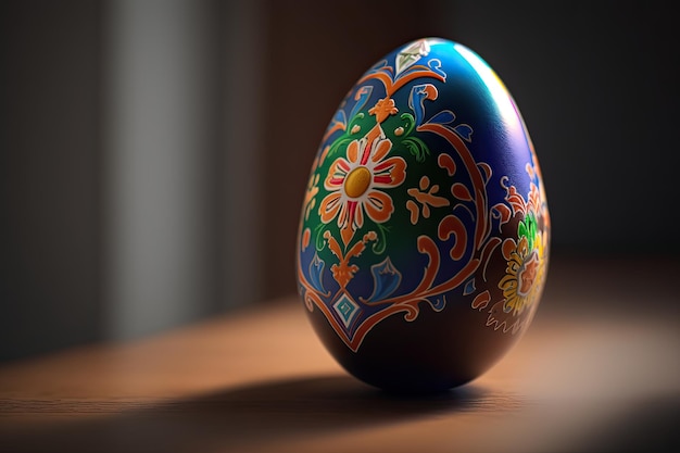 A colorful easter egg sits on a table