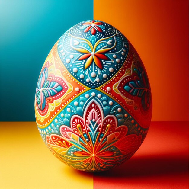 Colorful Easter egg with floral pattern on colorful background