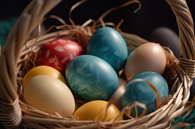 Colorful easter eggs in a basket on a dark background AI Generated