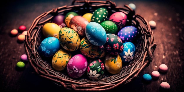 Colorful Easter eggs in a basket Generative AI