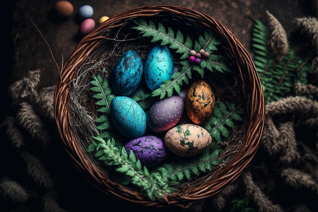 colorful Easter eggs in a basket, generative ai