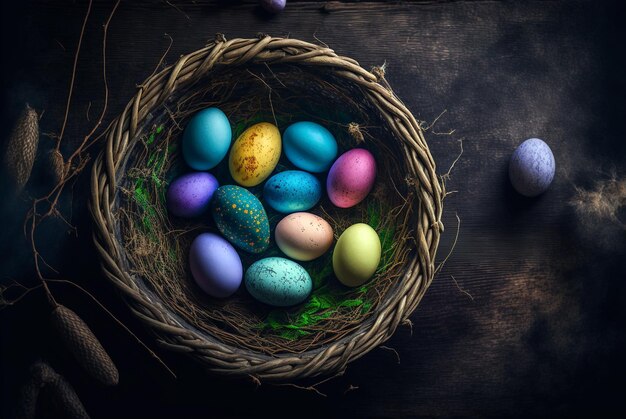 colorful Easter eggs in a basket, generative ai