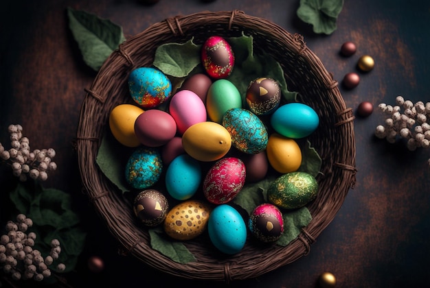 colorful Easter eggs in a basket, generative ai