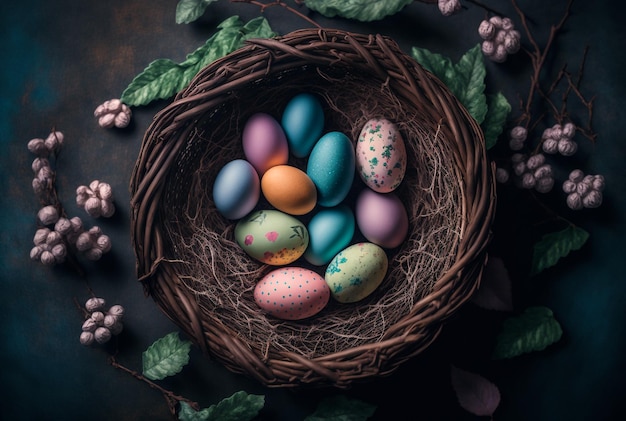 colorful Easter eggs in a basket, generative ai