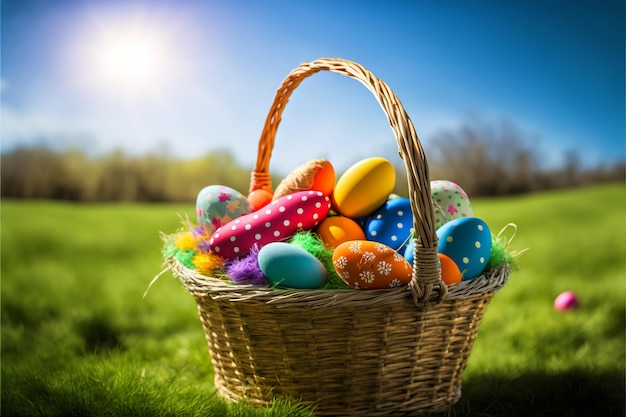 Colorful easter eggs in a basket on a wide green meadow with bokeh background and blue sky