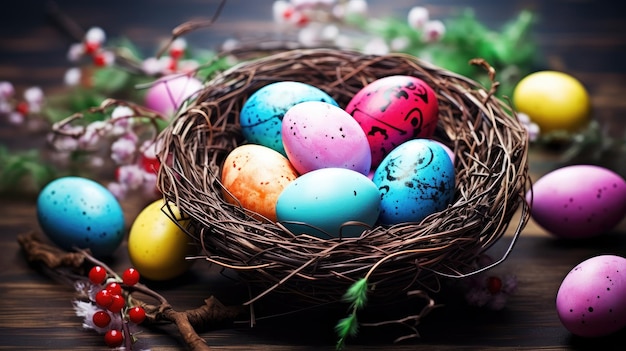 colorful easter eggs in basket With copy space