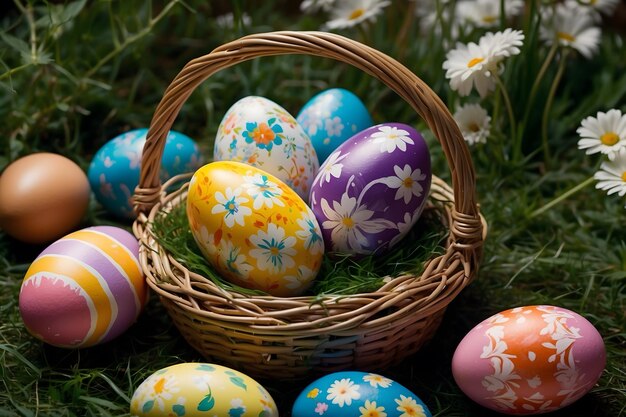 Colorful Easter eggs in a basket with an isolated background