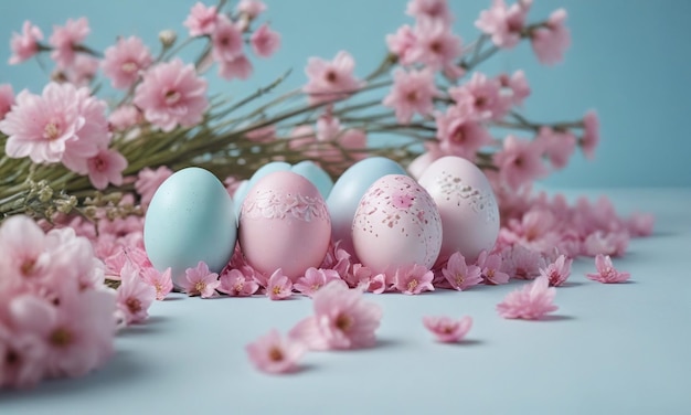 Colorful Easter eggs and blooming pink flowers on light blue background copy space