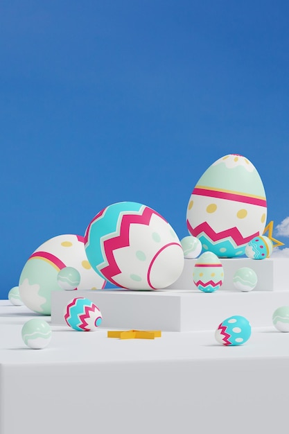 A colorful Easter eggs on blue sky background Happy Easter day concept 3D illustration