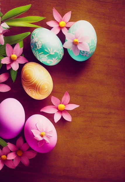 Colorful easter eggs and branch with flowers on wooden desk