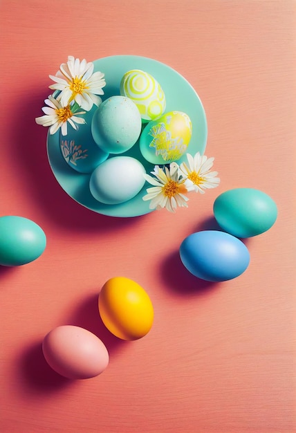 Colorful easter eggs and branch with flowers on wooden desk