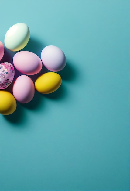 Colorful easter eggs and branch with flowers on wooden desk