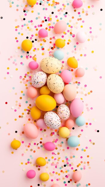 Colorful Easter Eggs and confetti on pink background Easter greeting card