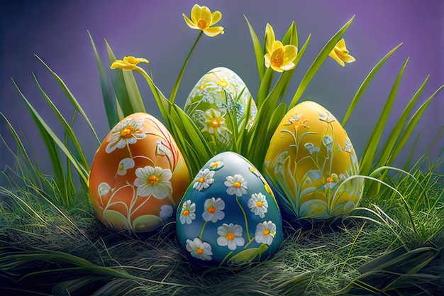 Colorful Easter eggs and daffodil flowers in green grass Generative AI